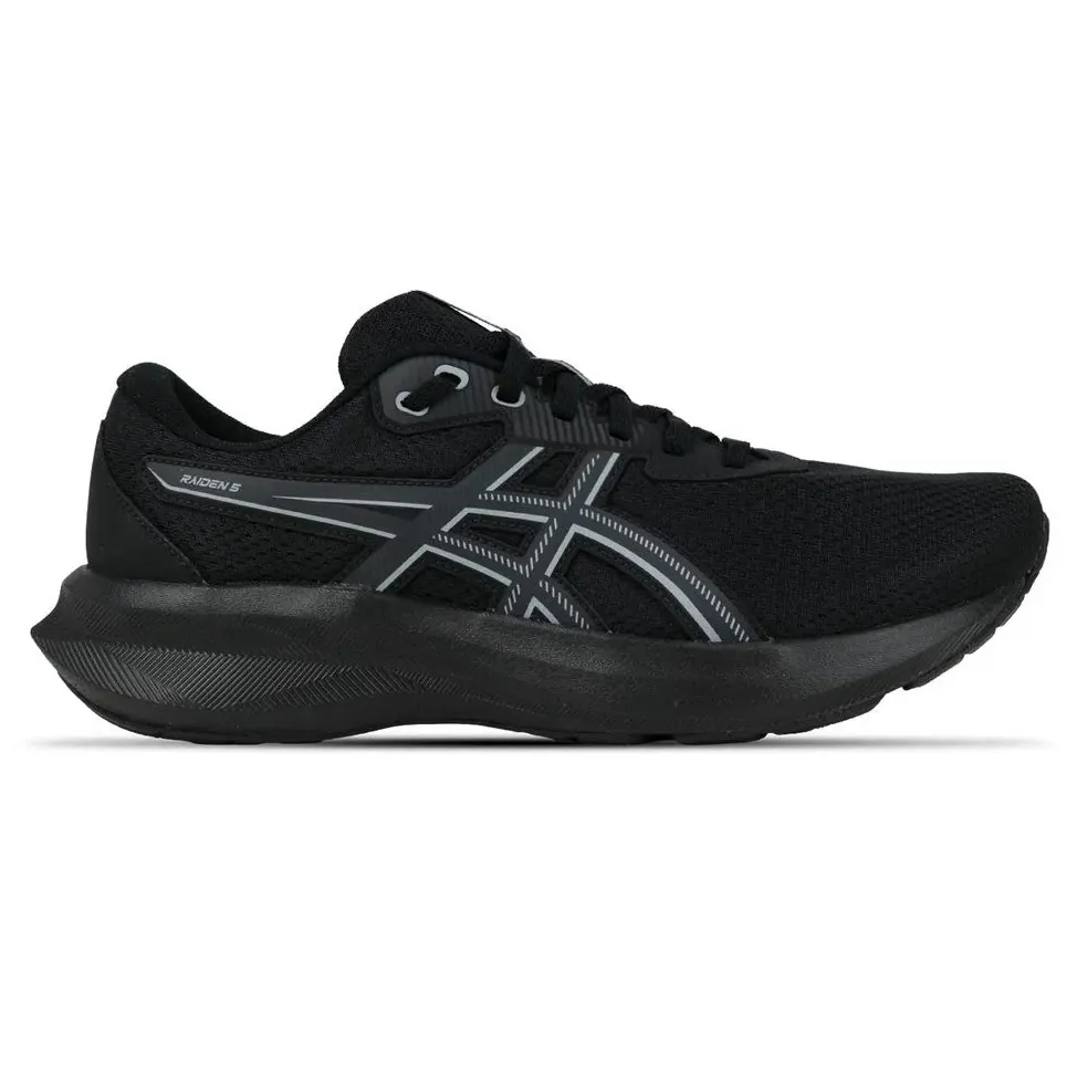 Tênis de corrida masculino Asics Raiden 5 preto com detalhes cinza, solado em borracha e fechamento por cadarço